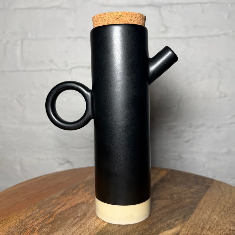 Crate & Barrel Shaillee Matte Black Ceramic Cruet Vase with Cork Lid